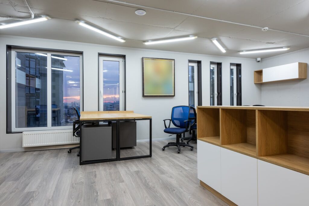 Spacious workspace with tables and chairs